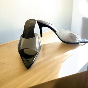 Black Suede Studio Black and Gray High-Heeled Slip Ons, Sz 6 New without Box